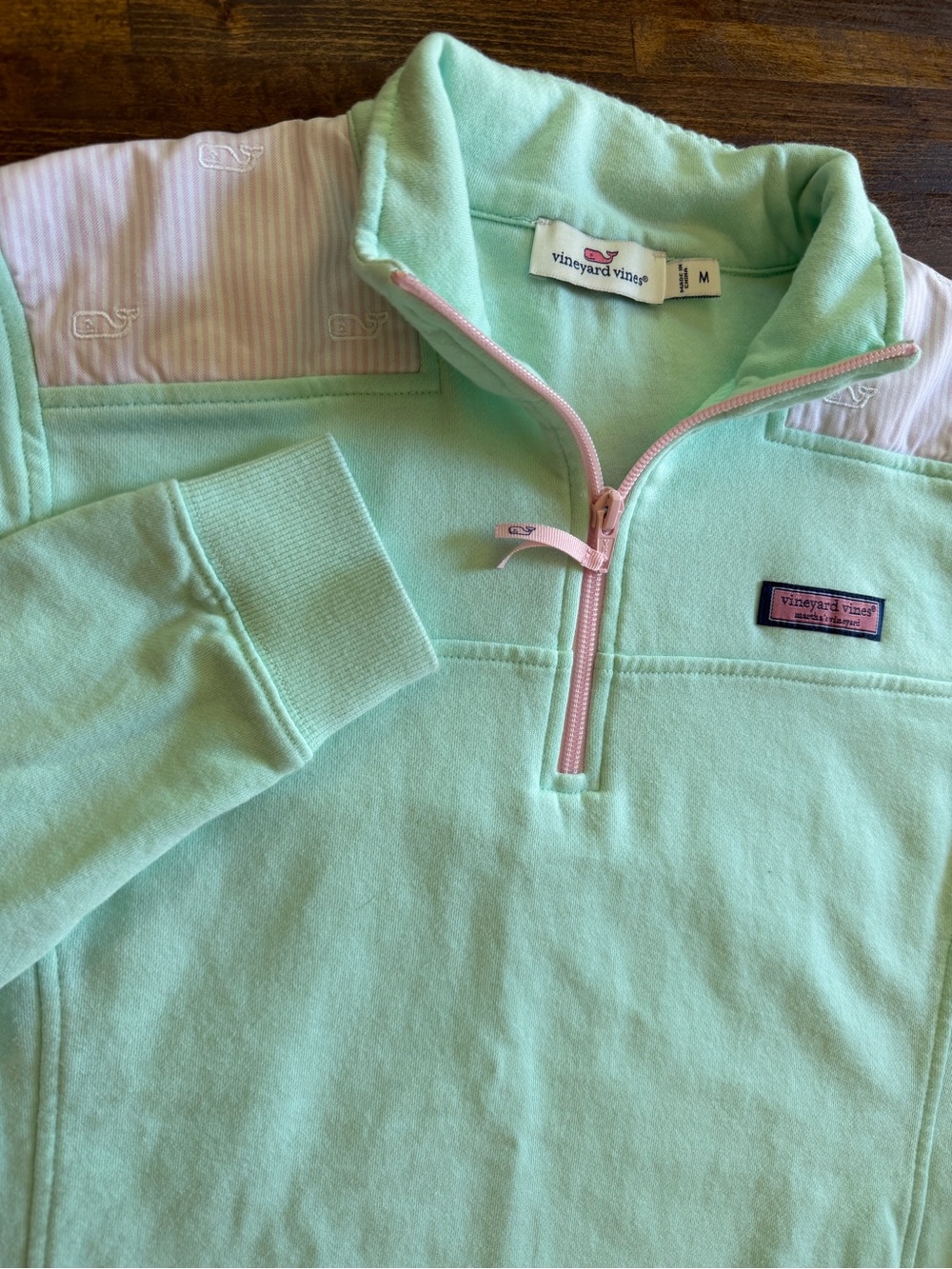 Vineyard Vines Sweater Womens Medium Blue Pink Trim Quarter Zip Sweatshirt Whale